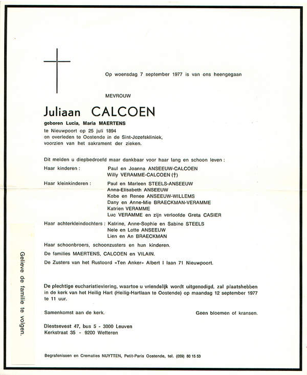 Overlijdensbrief Juliaan Calcoen